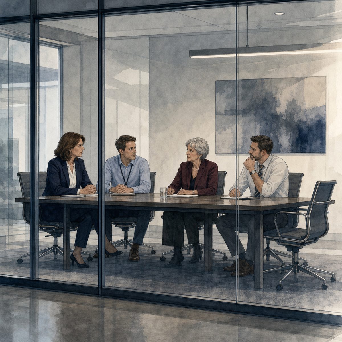 Desenho em aquarela de uma sala de reunião com paredes de vidro, onde quatro pessoas discutem uma contratação
